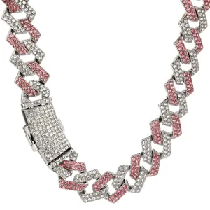 Heren 15mm hip hop Cubaanse schakelketting halsketting met witte en roze zirkonia.