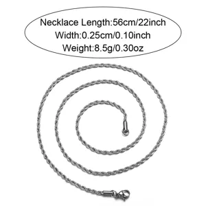 Detalle de cadena de cuerda de acero, 56cm de largo, 0.25cm de ancho, joyería de cuello elegante.