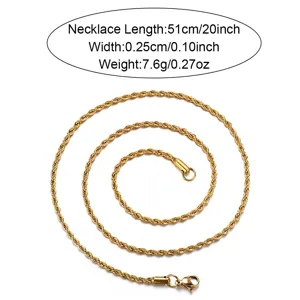 Collar de cadena de cuerda de oro para hombre moda hip hop acero inoxidable 51cm joya