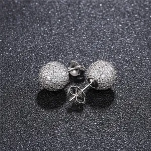 Silver pave cubic zirconia ball stud earrings detail shot, sparkling crystal ball jewelry for women.