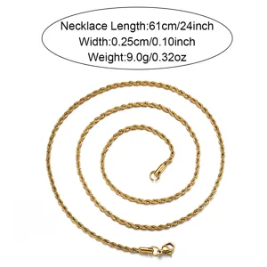 Collar cadena cuerda oro hombre acero inoxidable hip hop moda joyería 61cm longitud 9,0g