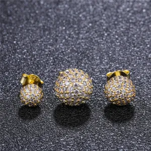 Gold-plated pavé zircon ball stud earrings, elegant and sparkling round fashion jewelry for women.