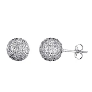 Detailed close-up view of shimmering paved rhinestone sphere stud earrings in silver tone.