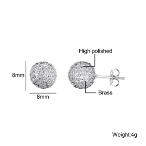Silver color pave zirconia ball stud earrings 8mm round brass high polished jewelry