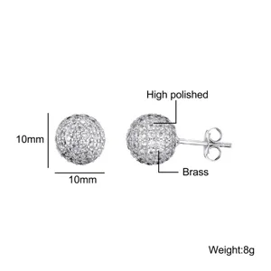 Detail view of round pave zirconia ball stud earrings with 10mm size and polished brass.