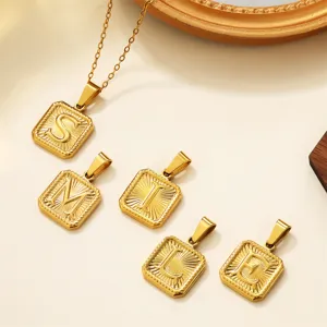 Gold stainless steel initial letter square pendant necklace set with chic design for daily wear.