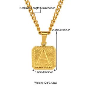 Gold initial letter A pendant necklace for men, hip hop stainless steel curb chain jewelry.