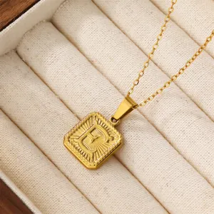 Gold stainless steel square letter E pendant necklace detailed view charm jewelry for men.