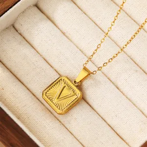 Gold initial V pendant necklace stainless steel square monogram jewelry for men and women