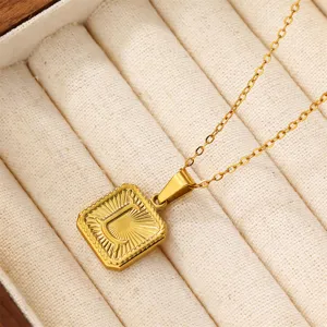 Gold stainless steel square initial letter pendant necklace for men and women, fashion jewelry.