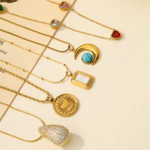 Collier Pendentif en Acier Inoxydable Vintage Géométrique Rond Cœur Strass Fermoir Chaîne Ras de Cou Minimaliste Mode Bijoux Femmes Hommes