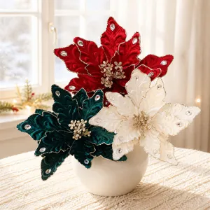 Flor de Navidad de terciopelo strass rama artificial árbol de navidad decoración