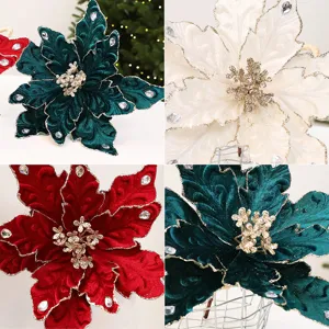 Flor de pascua de Navidad de terciopelo brillante con diamantes para el arbol
