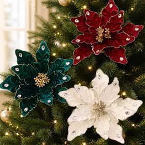 Flores de Pascua Artificiales de Navidad Con Strass Para Decoración de Árbol de Navidad Adorno Fiesta Hogar