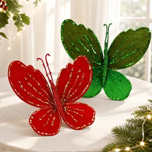 Mariposas de tela con purpurina roja y verde, adornos para árbol de Navidad y decoraciones.