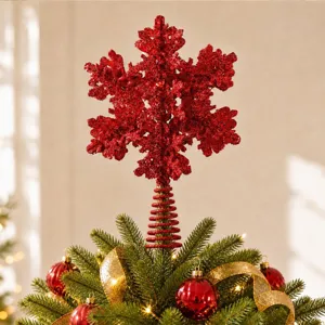 Red glitter snowflake Christmas tree topper with spiral base festive holiday party decor.