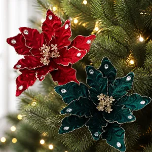 Flor de terciopelo de Navidad artificial con pedrería brillante para decoración de árbol