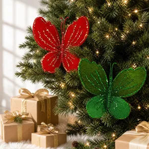 Adornos navideños de mariposa con purpurina, decoración de tela para árbol y coronas.