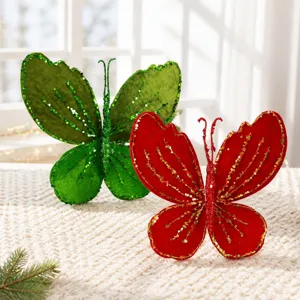 Conjunto de decoración de mariposa navideña de tela brillante, adornos rojos y verdes para árbol.