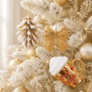 Set di decorazioni per albero di Natale dorate con fiocchi, pigne e tazze festive per le feste.
