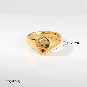 Edelstahl Siegelring mit bunten Kristallen, retro goldener Modeschmuck für Damen.