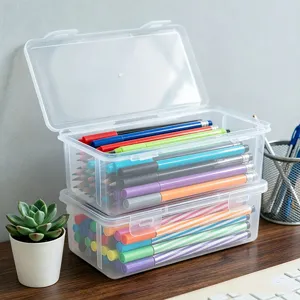Caja de almacenamiento de lápices de plástico transparente, diseño apilable colorido.