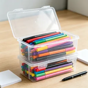 Caja de almacenamiento de lápices de plástico transparente de doble capa, ideal para rotuladores.