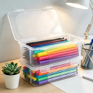 Caja de Almacenamiento de Papelería de Plástico Transparente Estuche para Lápices de Colores Crayones Bolígrafos de Dibujo Organizador de Escritorio con Tapa para Escuela Oficina Niños
