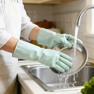 Detailed view of light green waterproof kitchen cleaning gloves washing dishes in sink.