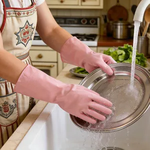 Pink waterproof kitchen cleaning gloves detail showing textured grip for washing dishes safely.