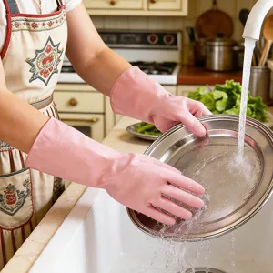 Pink waterproof cleaning gloves for kitchen washing, durable PVC household gloves.