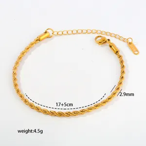 Stainless steel rope chain bracelet with extension, 17+5cm length, 2.9mm width, weight 4.5g.