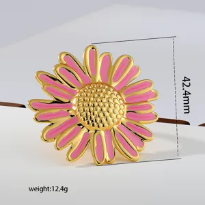 Stainless steel pink daisy enamel ring, sweet floral design, niche style jewelry for women.