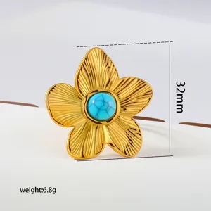Stainless steel flower ring with turquoise gemstone, adjustable size, detailed jewelry piece.