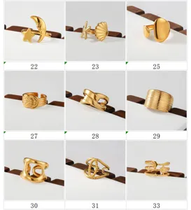 Detailed close-up view of diverse gold stainless steel rings, featuring geometric stackable designs.