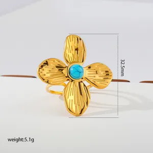 Gold stainless steel flower ring with turquoise stone, adjustable detail view showing 32.5mm.