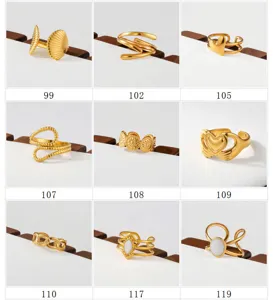Detail view of trendy gold stainless steel rings, elegant stackable fashion jewelry styles.