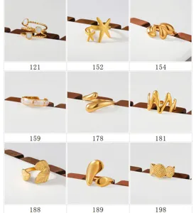 Close-up detail of multi-style gold stainless steel geometric stackable ring set.