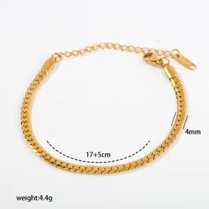 Stainless steel flat snake chain bracelet with extension chain and clear size detail.