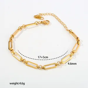 Detail view of stainless steel paperclip chain bracelet, geometric links close-up display.
