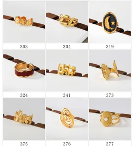 Gold stainless steel rings set minimalist geometric floral pearl stacking jewelry detail
