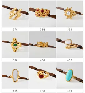 Multistyle stainless steel gold rings set, trendy geometric and stone fashion jewelry details.