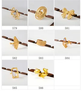 Gold stainless steel multi-style rings set, featuring bows, flowers and geometric designs.