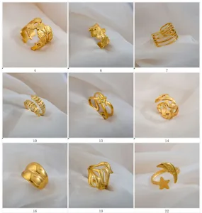 Gold stainless steel adjustable open rings set, vintage embossed styles for women and men.