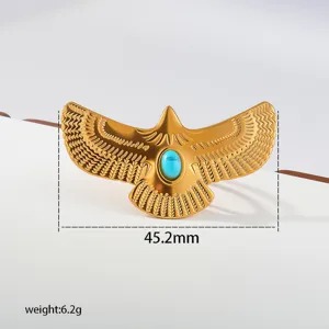 Gold stainless steel eagle ring with turquoise stone, elegant fashion jewelry for women.