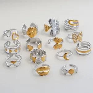 Edelstahl gold-silber offene Ringe Set mit süßen Blumen Herzen und Schmetterling Motiven.