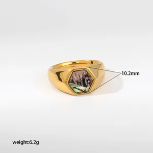 Anillo de acero dorado con incrustación de concha abulón hexagonal, estilo retro, 6.2g, 10.2mm.