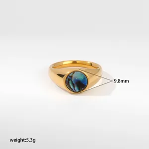 Elegante anillo de sello de acero inoxidable con incrustación de abulón, 9.8 mm, 5.3 g.