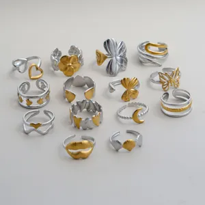 Edelstahl Ringe Set zweifarbig Retro Mode fuer Damen Schmuck Accessoires neue Ware