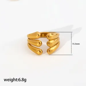 Stainless steel wide open ring with droplet layered design, minimalist daily stacking jewelry for women.